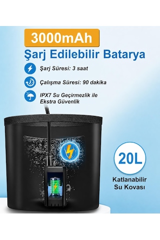 Valkyrie Şarjlı Kamp Duşu 6000mah Dijital Göstergeli Taşınabilir Duş Seti 20l Katlanabilir Kova Ipx7