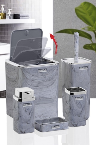 Okyanus Home Kromlu Kare Mermer Desenli 5'Li Banyo Seti Krom