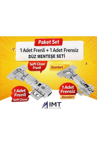 İmt Aksesuar 1 Adet Frenli 1 Adet Frensiz Düz Menteşe Seti - Mobilya Dolap Mutfak Ve Gardırop Kapak Menteşesi Metalik