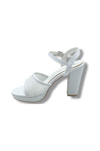 Erbay 320-26 Simli Dantelli Cilt Tek Bant Kalın Topuk Kadın Sandalet 11cm Beyaz