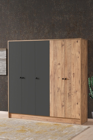 AE-3059 Diva 5 Kapaklı Çok Amaçlı Askılıklı Raflı Bölmeli Atlantik Çam Ve Antrasit Gardırop 180 CM