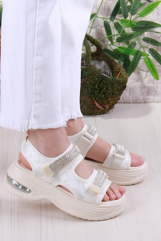 Fort Gj 25y417 Rahat Air Taban Taş Detaylı Çırtlı Kalın Taban Kadın Sandalet Bej