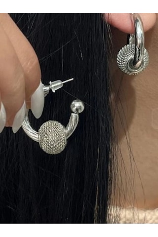 Kafes Top Geçirillmiş Halka Çelik Küpe Gümüş