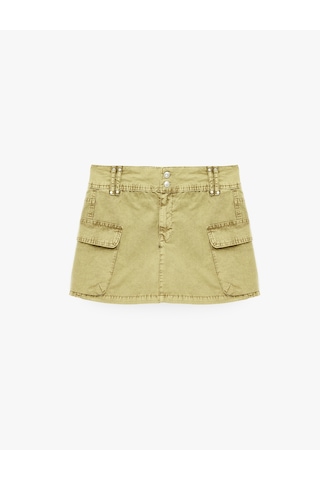 Koton Normal Bel Cep Detaylı Düğmeli Pamuklu Denim Kargo Cepli Carpenter Mini Şort Etek Haki 7wal70006mw