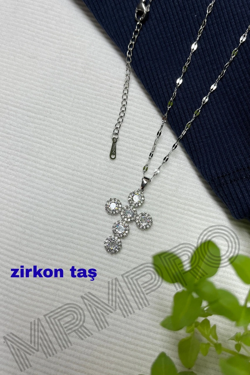 Zirkon Taşlı Çelik Kolye Kadın Zarif Işıltılı Kararmayan Şık Takı Ve Hediye Aksesuar Gümüş