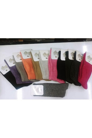 Diba Kadın Yün Boydan Çizgili Karışık Renk Soket Çorap - 12 Adet Çok Renkli