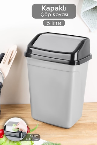 Kapaklı Plastik Çöp Kovası - Ev Ofis Banyo Mutfak Tezgah Üstü Çöp Kovası Gri 5 Litre Gri