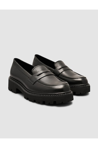 %100 Hakiki Deri Siyah Kalın Taban Kadın Loafer Ayakkabı Siyah