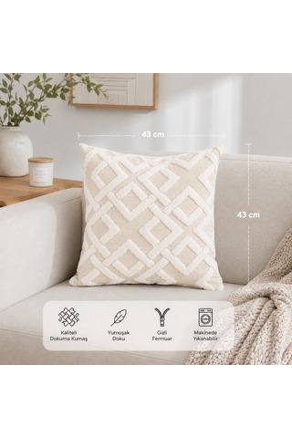 Maze 43x43 Cm Dekoratif Kırlent Kılıfı Geometrik Dokulu Modern Koltuk Yastık Kılıfı Krem