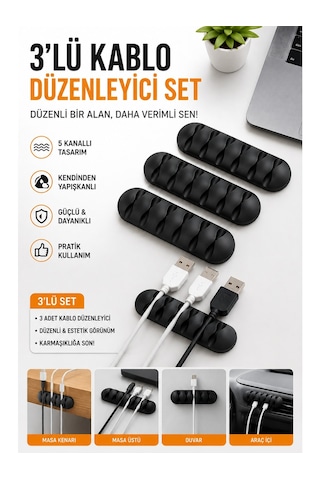 3 Adet Kablo Düzenleyici, 5 Kanallı Kendinden Yapışkanlı Kablo Tutucu, Siyah