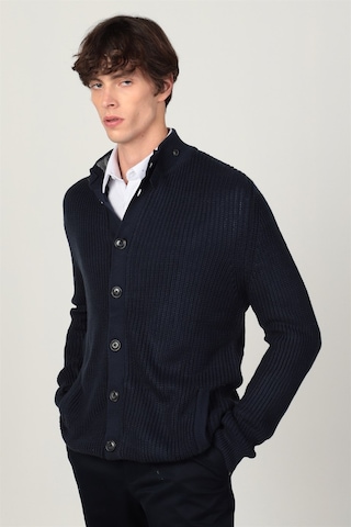 Tudors Slim Fit Dar Kesim Çizgili Yandan Cepli Hırka-25771 Lacivert