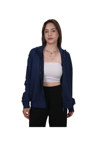 Kadın Modal Kumaş Dik Yaka Rahat Kalıp Lacivert Ceket Hırka Lacivert