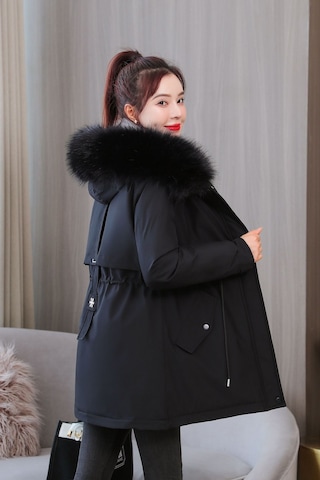 Snapbuy Kalın, Yumuşak Dolgulu, Midi Boy, Kapüşonlu, Kürk Detaylı Kadın Mont Siyah