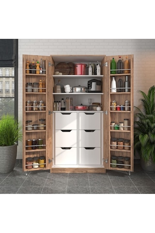165 Derece Açılabilir 2 Kapaklı, 6 Çekmeceli, Kavanoz Raflı Kiler Ve Erzak Mutfak Dolabı Atlantik Çam
