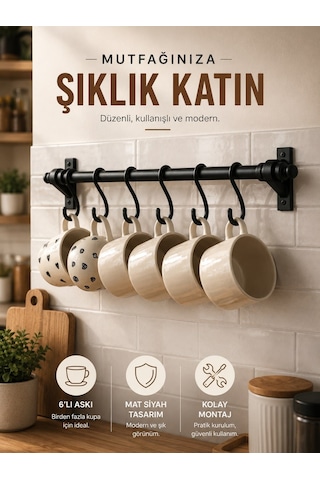 Siyah Metal 6 Kancalı Duvar Askılığı – Vidalı Mutfak & Banyo Askı Borusu, Dayanıklı Ferforje Tasarım