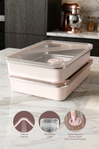 2'li Stainless Paslanmaz Çelik Vakumlu Saklama Kabı,fırın Ve Kek Kabı 3 Lt Yemek Kabı Sefer Tası Pembe