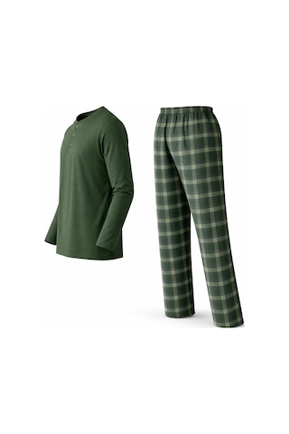 Mutlu City Erkek Mevsimlik Uzun Kollu 3 Düğmeli Ekose Alt Pijama Takımı 16652 Haki