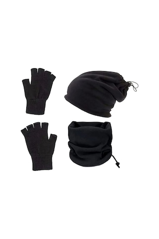 Eke Tekstil 3'lü Set Soğuk Geçirmez Termal Polar Boyunluk Bere ve Örgü Kesik Eldiven Siyah