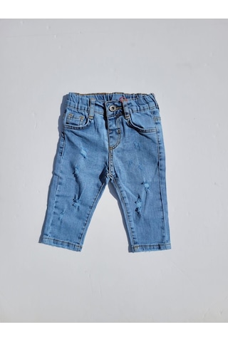 Erkek Bebek Beli Lastikli Yırtık Detaylı Kot Pantolon-11699-kot Mavi