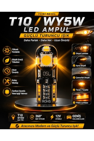 T10 Wy5w Turuncu Amber Led Ampul 12v Canbus Park Plaka Sinyal Ayna Çamurluk Lambası 360 Işık 1 Adet