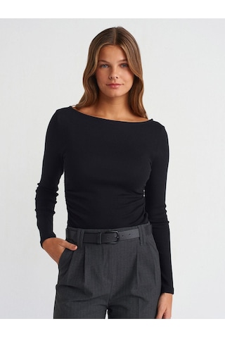 Dilvin 31401 Büzgülü Kayık Yaka Top-siyah-874 Siyah