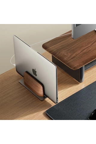 Mcstorey Ahşap Dikey Laptop Standı Çift Yuvalı 2 Cihazlık Macbook Notebook Tutucu Masaüstü Organizer Kaymaz Tabanlı Ahşap Metal Stand
