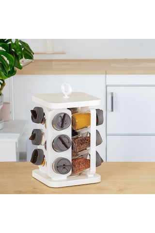 Porsima 1081 Kare Döner Standlı Döner Kapaklı Cam Baharatlık Antrasit - Beyaz