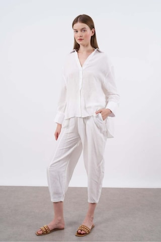 Kadın Keten Gömlek-pantolon Alt Üst Takım Beyaz