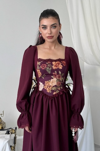 Nils Boutique Vintage Korsajlı Midi Elbise Bordo