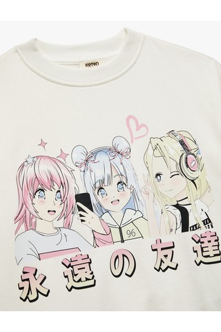 Koton Pamuklu Bisiklet Yaka Uzun Kollu Anime Baskılı Tişört Ekru 7wkg10059ak