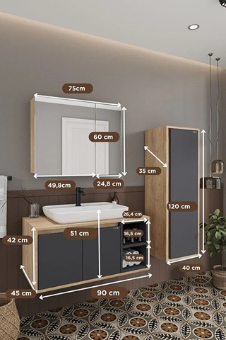 Lale 90 Cm %100 Mdf Lavabolu Banyo Dolabı + Boy Dolabı Antrasit