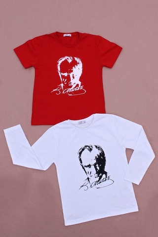 Fyk Kids 2'li Atatürk-imza Farklı Desenli Erkek-kız Çocuk T-shirt Beyaz Kırmızı - Beyaz