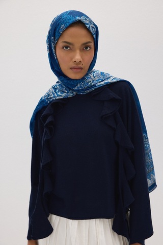 Mirsoy Scarf Elisa Pamuk Etnik Desen Şal Lacivert
