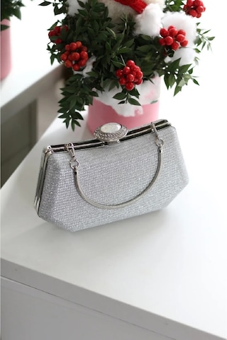 Guiza Vintage Kadın Gümüş Simli Abiye Clutch Portföy Çanta Zincir Ve Kolçaklı Gümüş Simli