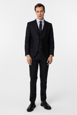 Süvari Lacivert Slim Fit Desenli Sivri Yaka 6 Drop Yelekli Klasik Takım Elbise-35637 Lacivert