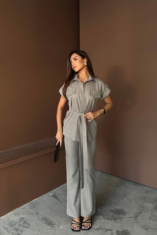 Ge Ticaret Çizgili Polyviskon Bluz - Pantolon Takım - Gri Gri