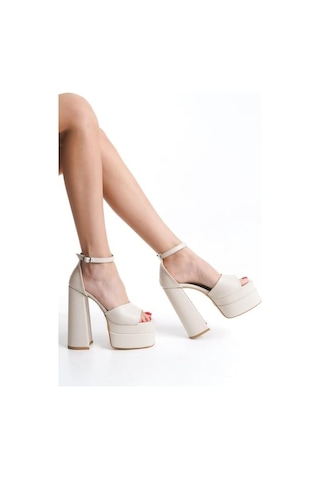 Asmi Shoes Kadın Wilma Bej Tek Bantlı 15 Cm Çift Platform Topuklu Ayakkabı Bej