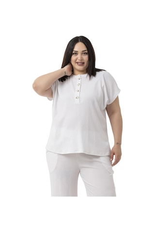 Büyük Beden Düşük Kollu Bluz Pantolon Beyaz İkili Takım Beyaz