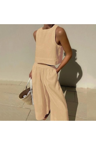 Rahat Yaz Iki Parçalı Set Kolsuz Kıyafetler O Boyun Üstleri Ve Gevşek Geniş Bacak Pantolon Seti Kadın Katı 2 Parça Takım Elbise Giysileri 27723 Haki