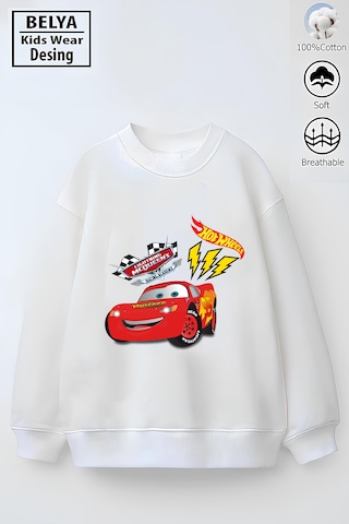 Belyakidswear Trend Çocuk Model Tam Kalıp Oversize Şimşek Mcqueen Tasarım 3 İplik Pamuğa Pamuk Kumaş Beyaz