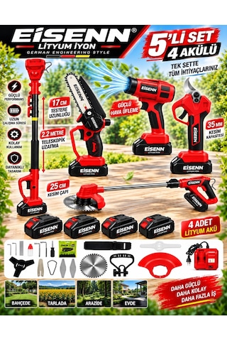 Red 500 Full 5 Li Bahçe Seti Makas 17 Cm Testere Hava Üfleme Çim Biçme Teleskop +4 Akülü