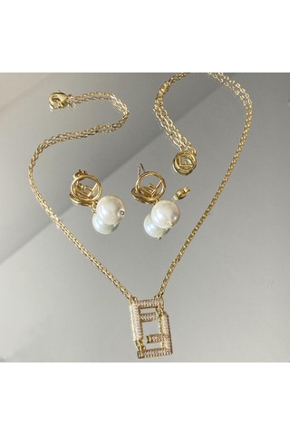 F İncili Taşlı Çelik Kombin Çok renkli