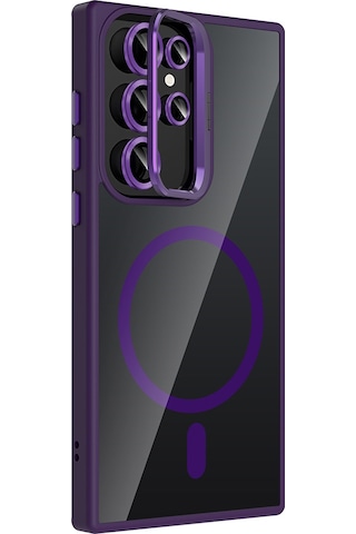 Galaxy Uyumlu S22 Ultra Kılıf Standlı + Kamera Lens Koruma Setli M-safe Şarj Özellikli Mkst Siyah Siyah