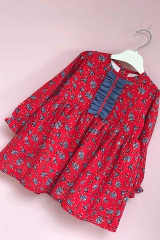 Çiçekli Ve Fırfır Detaylı Nar Çiçeği Ve Mavi Kız Çocuk Bebek Pamuklu Elbise 001