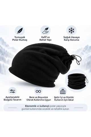 Elitse Unisex Polar Bere Boyunluk 2 Adet Seti 2'si 1 Arada Büzgülü Sıcak Tutan Kışlık Siyah Günlük Konforlu