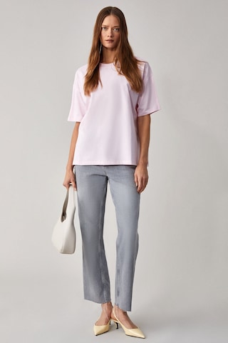 Grimelange LAGERTHA  Kadın %100 organik Pamuklu Kalın Dokulu Oversize Fit Yuvarlak Yakalı Açık Pembe T-Shirt