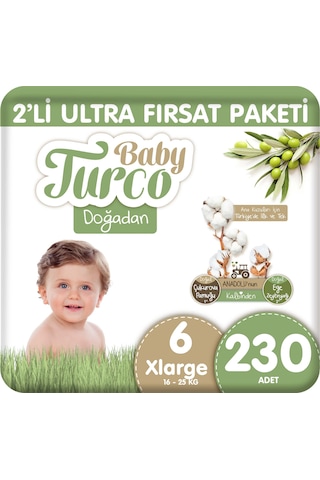 Baby Turco Doğadan 2'li Ultra Fırsat Paketi Bebek Bezi 6 Numara 230 Adet 5'li