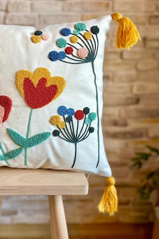 Swita Home Punch İşlemeli Tekli Dekoratif Özel Tasarım Kırlent Kılıfı Panç Çok Renkli