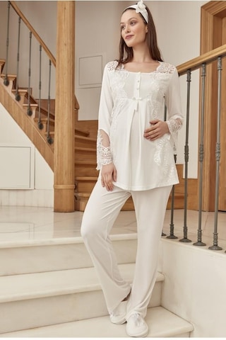 Mecit Pijama Mecit 5015 Bayan Hamile Lohusa Ekru Dantelli Pijama Takımı 001