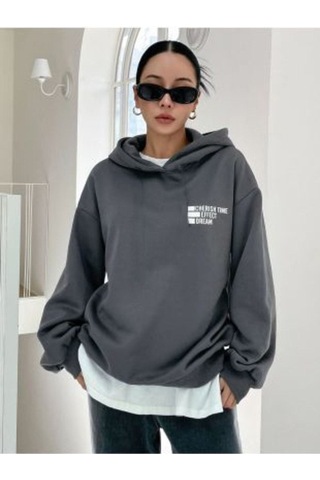 Clayes Effect Sweatshirt - Füme Baskılı Oversize Kapüşonlu Gri